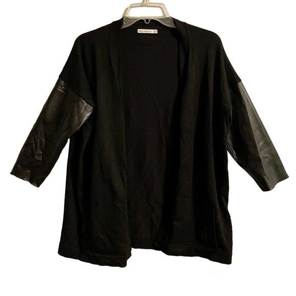 Zara Knits Medium Faux Leather Knit Open Front Cardigan Black 3/4 Sleeve… - Picture 1 of 4